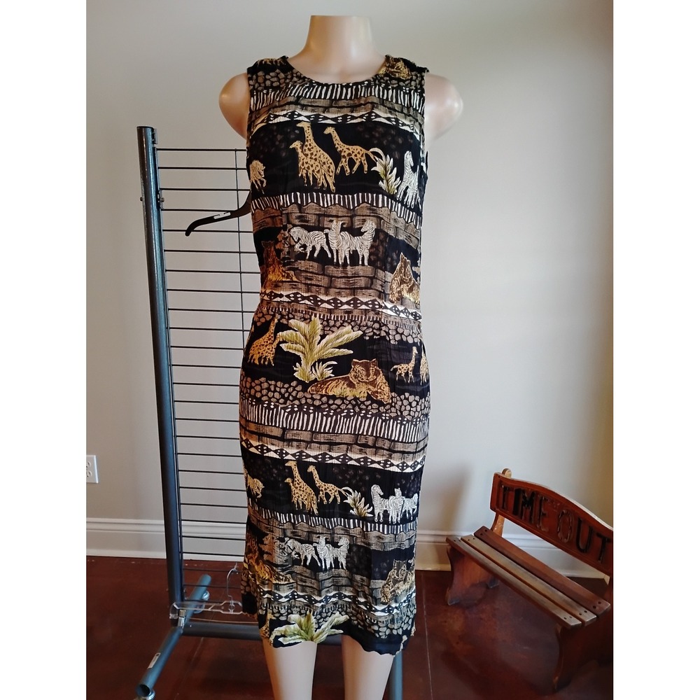 Premier International Safari Animal Print Rayon MidiDress BlackTan Giraffe Zebra